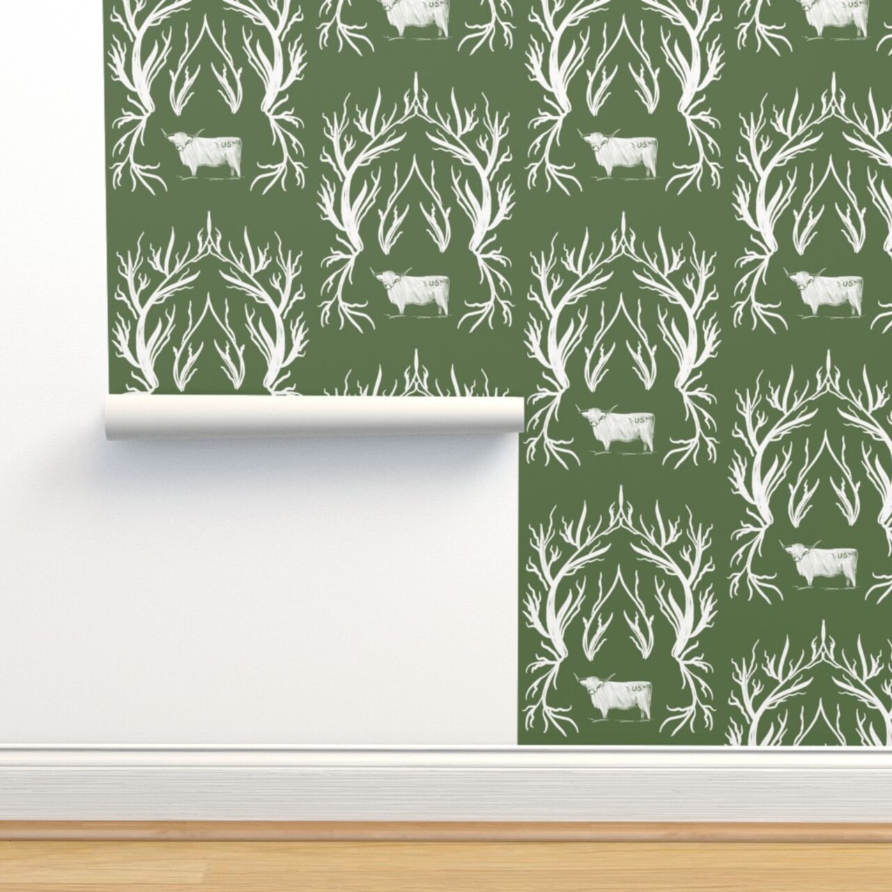 Damask Toile Cows Western Green White Rustic Custom Pre-pasted Wallpaper by Spoonflower Pre-Pasted Wallpaper 2FT Wide